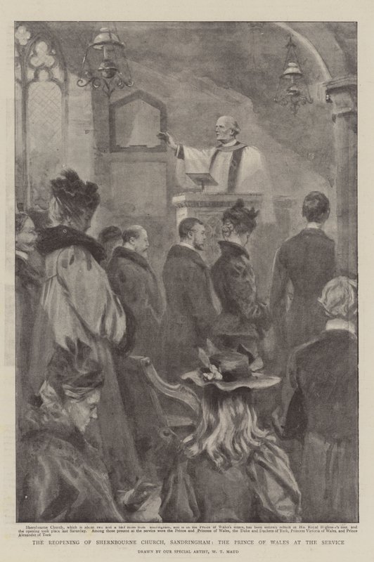 La reapertura de la Iglesia de Shernbourne, Sandringham, el Príncipe de Gales en el servicio de William T. Maud
