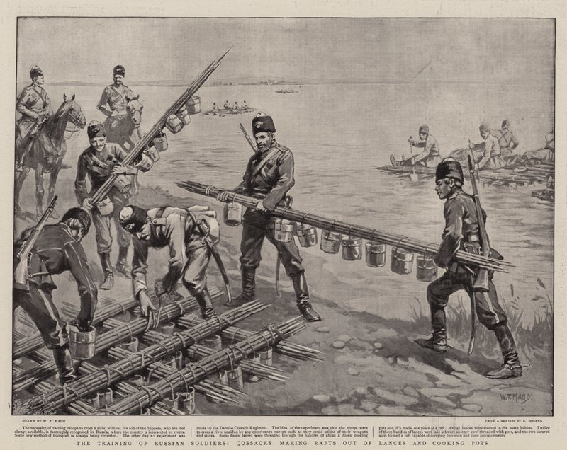 El entrenamiento de los soldados rusos, cosacos haciendo balsas con lanzas y ollas de cocina de William T. Maud