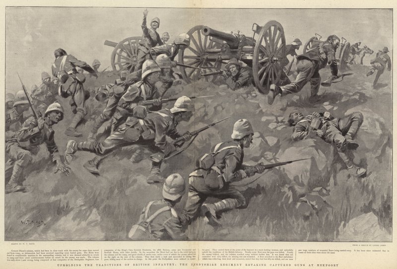 Manteniendo las Tradiciones de la Infantería Británica, el Regimiento de Derbyshire recuperando Cañones Capturados en Hekpoort de William T. Maud