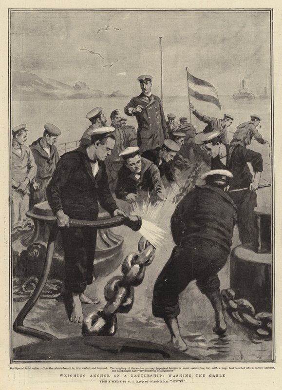 Levantando anclas en un acorazado, lavando el cable de William T. Maud
