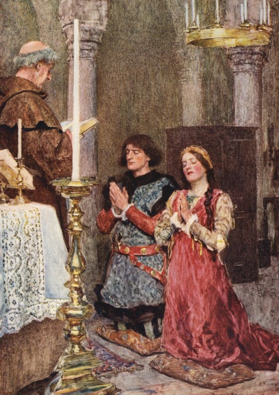 Romeo y Julieta de Shakespeare: Acto II, Escena VI (litografía en color) de William (after) Hatherell