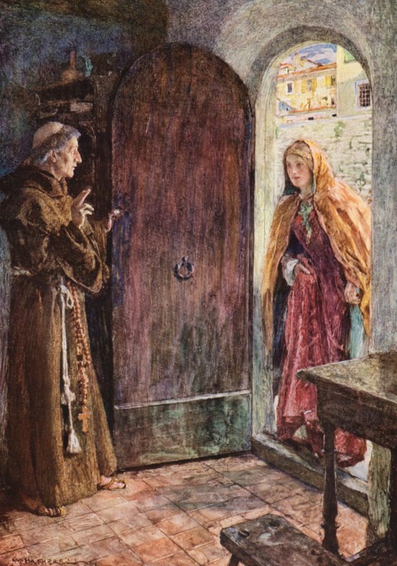 Romeo y Julieta de Shakespeare: Acto II, Escena VI (litografía en color) de William (after) Hatherell