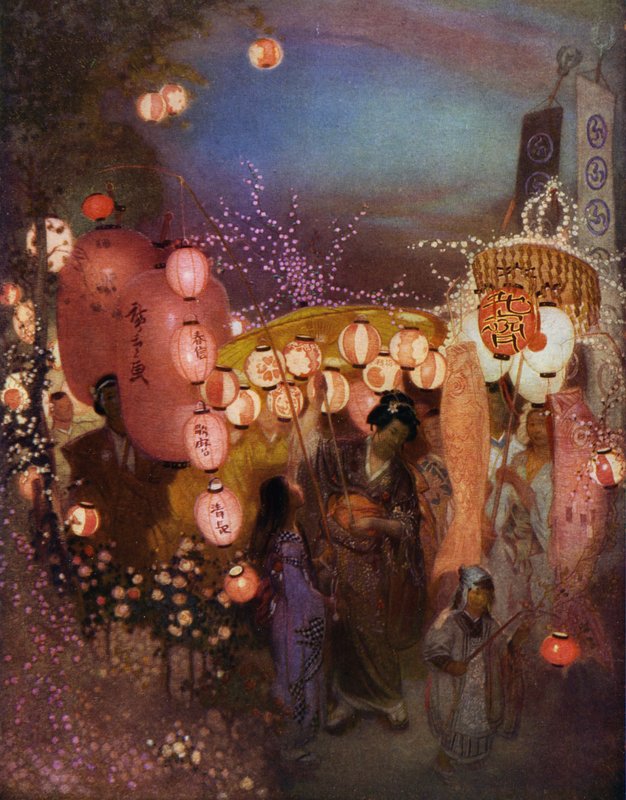 Mujeres y niños con farolillos en un festival japonés (litografia en color) de William (after) Shackleton