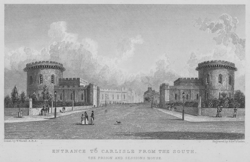 Entrada a Carlisle desde el sur, la prisión y la casa de sesiones (grabado) de William (after) Westall