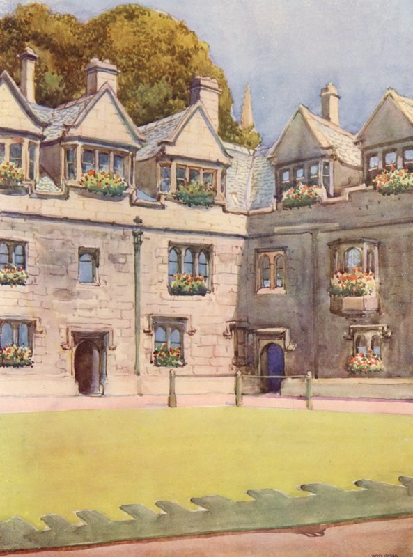 Cuadrángulo frontal del Brasenose College, mostrando al fondo el famoso castaño de Indias conocido como Árbol de Heber (litografía en color). de William Ainsworth Wildman