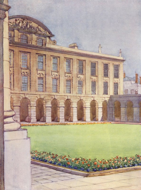 Cuadrángulo delantero y vestíbulo de la Reina, diseñados por Hawkswood, alumno de Sir Christopher Wren (litografía en color) de William Ainsworth Wildman