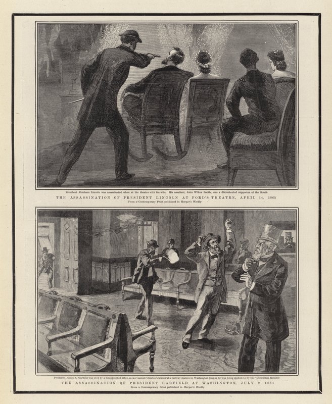 El Asesinato del Presidente Lincoln en el Teatro Ford, 14 de abril de 1865, el Asesinato del Presidente Garfield en Washington, 2 de julio de 1881 de William Allen Rogers