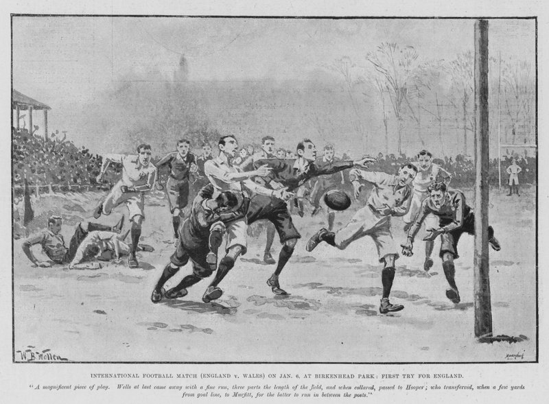 Partido Internacional de Fútbol (Inglaterra vs Gales) el 6 de enero, en Birkenhead Park, Primer Try para Inglaterra de William Barnes (after) Wollen