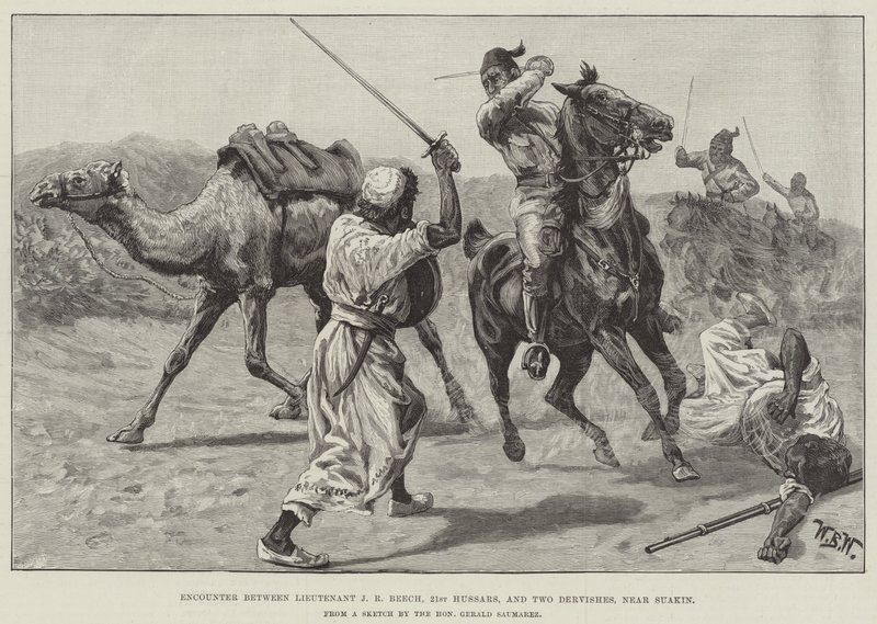 Encuentro entre el teniente J R Beech, 21st Hussars, y dos derviches, cerca de Suakin de William Barnes Wollen