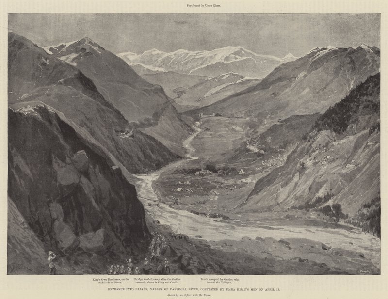 Entrada a Bajaur, Valle del río Panjkora, disputada por los hombres de Umra Khan el 13 de abril de William Barnes Wollen
