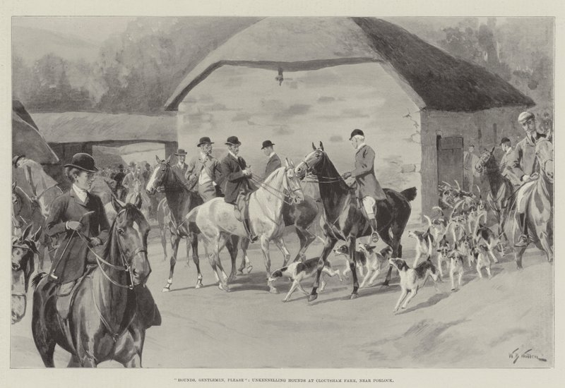 Perros, caballeros, por favor, desatando perros en Cloutsham Farm, cerca de Porlock de William Barnes Wollen