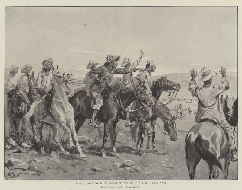 Cafres, sosteniendo Caballos de Repuesto, presenciando la Batalla desde Lejos de William Barnes Wollen