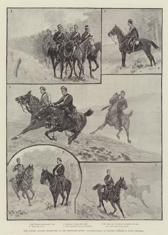 Las maniobras de caballería de otoño en los Berkshire Downs, patrulla de exploración de los 20º Húsares en clima brumoso de William Barnes Wollen