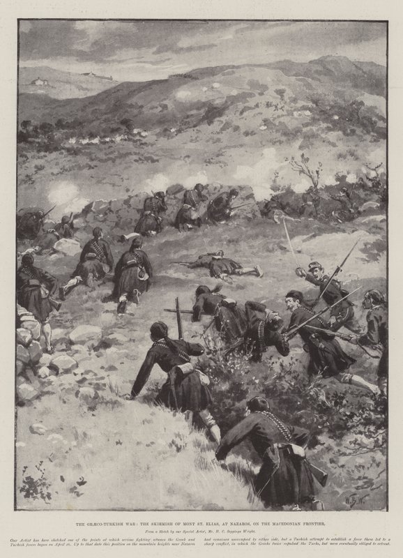 La Guerra Greco-Turca, la escaramuza de Mont St Elias, en Nazaros, en la frontera macedonia de William Barnes Wollen