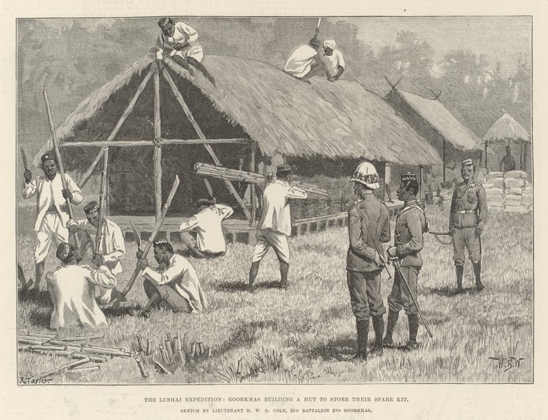 La Expedición Lushai, Goorkhas Construyendo una Cabaña para Guardar su Equipo de Repuesto de William Barnes Wollen