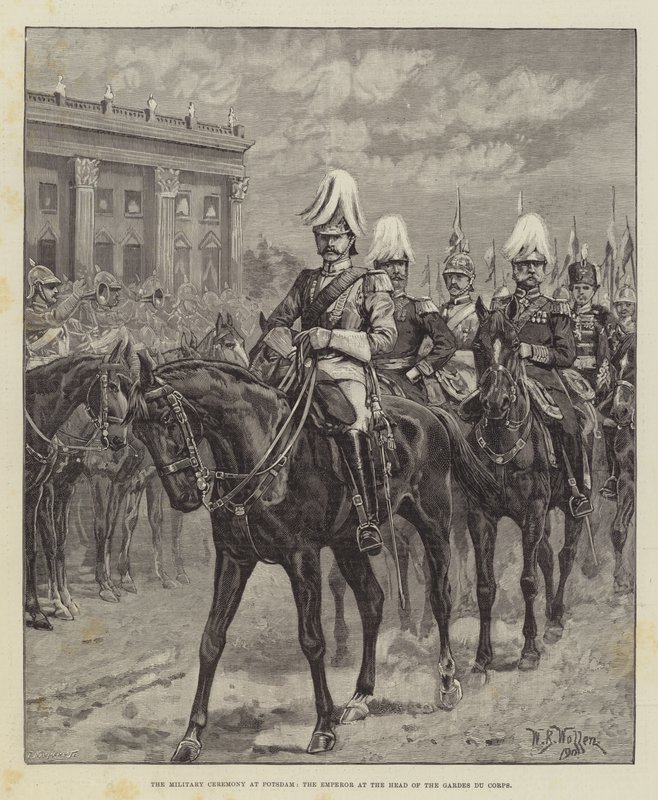 La ceremonia militar en Potsdam, el emperador a la cabeza de los Gardes du Corps de William Barnes Wollen
