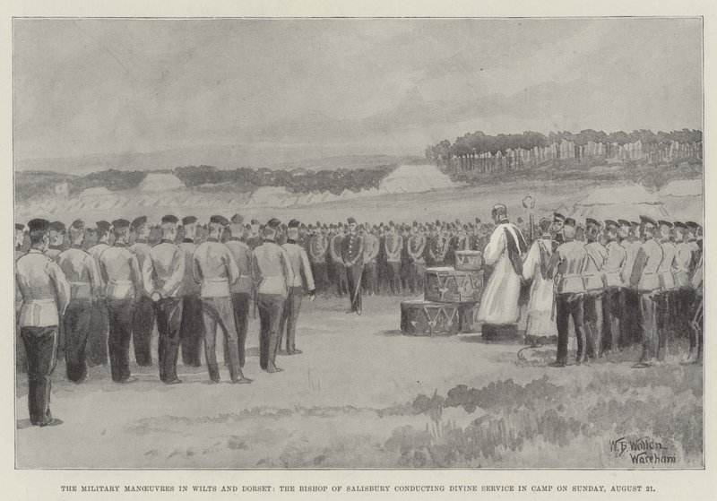 Las maniobras militares en Wilts y Dorset, el obispo de Salisbury conduciendo el servicio divino en el campamento el domingo, 21 de agosto de William Barnes Wollen