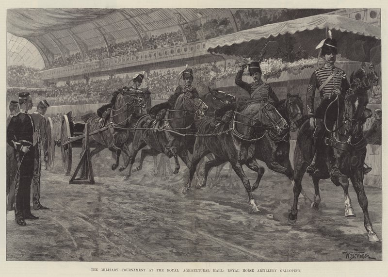 El torneo militar en el Royal Agricultural Hall, artillería a caballo real galopando de William Barnes Wollen