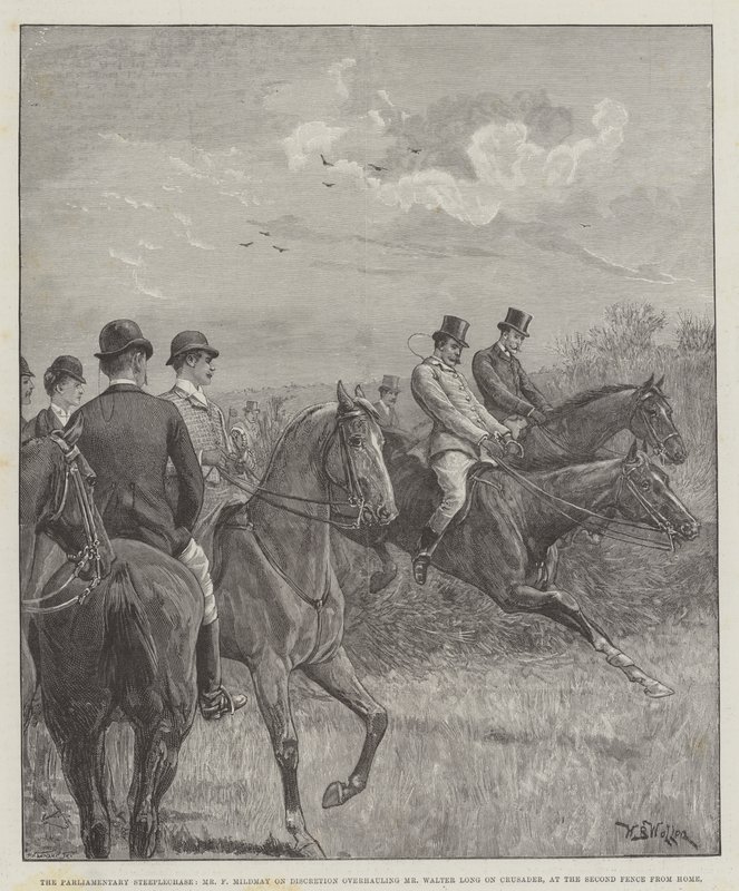 La Carrera de Obstáculos Parlamentaria, el Sr. F Mildmay en Discretion alcanzando al Sr. Walter Long en Crusader, en la Segunda Valla desde Casa de William Barnes Wollen