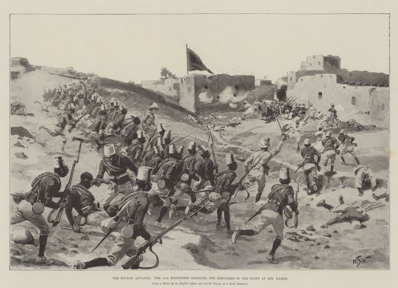 El avance en Sudán, el 11º sudanés cargando contra los derviches en la batalla de Abu Hamed de William Barnes Wollen