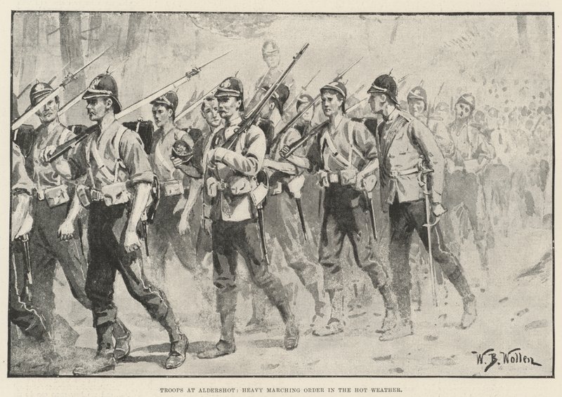 Tropas en Aldershot, orden de marcha pesada en el clima cálido de William Barnes Wollen