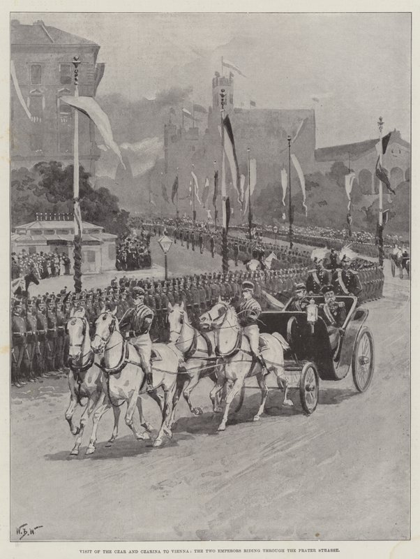 Visita del Zar y la Zarina a Viena, los Dos Emperadores cabalgando por la Prater Strasse de William Barnes Wollen