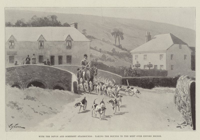 Con los sabuesos de Devon y Somerset, llevando a los sabuesos al encuentro sobre el puente de Exford de William Barnes Wollen