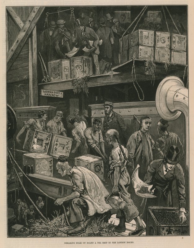 Descargando a granel en un barco de té en los muelles de Londres (grabado) de William Bazett Murray