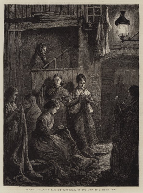 Vida en Londres en el East End, fabricación de sacos a la luz de una lámpara de calle de William Bazett Murray