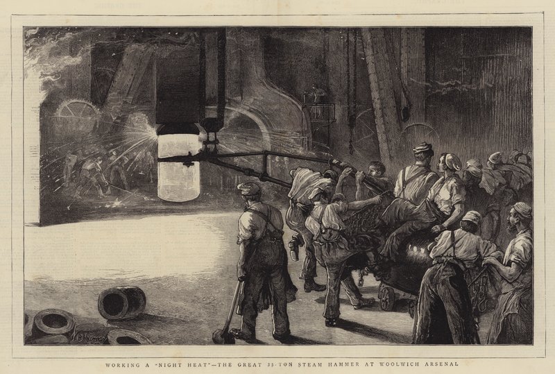 Trabajando un calor nocturno, el gran martillo de vapor de 35 toneladas en Woolwich Arsenal de William Bazett Murray