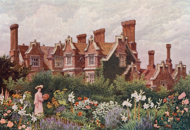 Hollingbourne Manor desde el jardín de Upeer (litografía en color) de William Biscombe Gardner