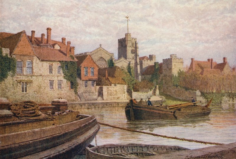 Maidstone, parte trasera del antiguo palacio, la iglesia y el Old College desde el otro lado del Medway (litografía en color) de William Biscombe Gardner