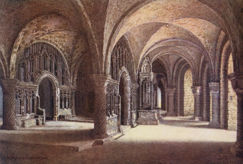 Capilla de "Nuestra Señora" en el sótano de la catedral de Canterbury (litografía en color) de William Biscombe Gardner