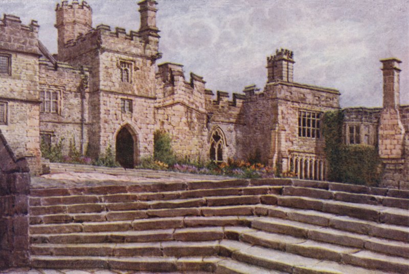 El Patio Inferior, Haddon Hall (litografía en color) de William Biscombe Gardner