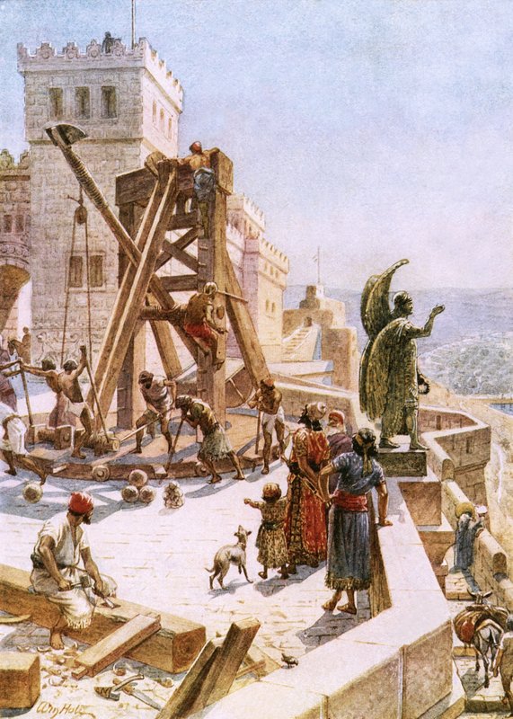 Uzías erige máquinas de guerra en los muros de Jerusalén de William Brassey Hole