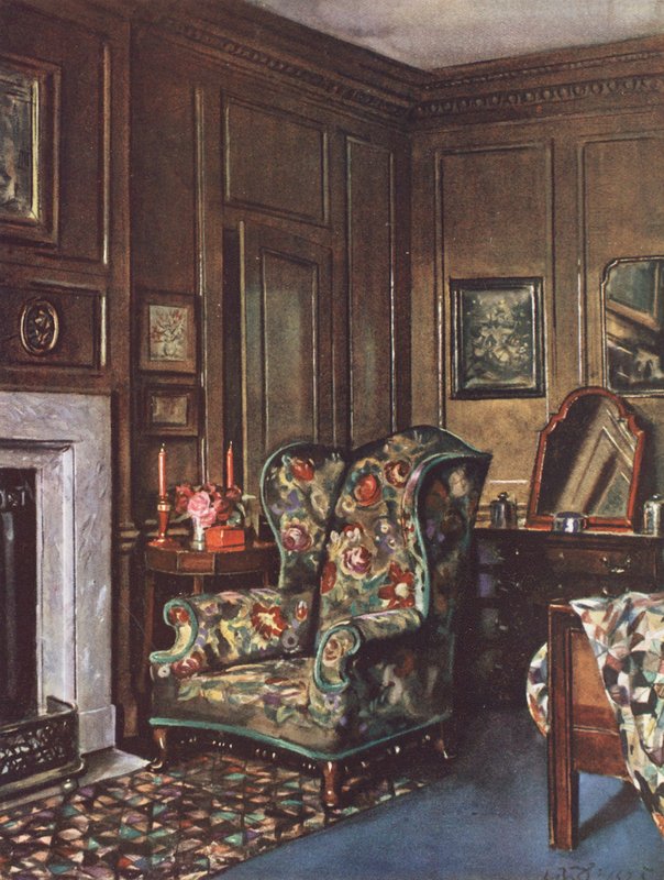 Decoración interior: Un dormitorio con paredes marrones animadas por colores vivos (litografía en color) de William Bruce Ellis Ranken
