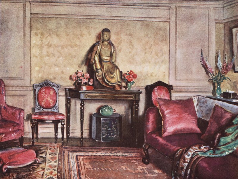 Decoración interior: Mobiliario con un acertado uso del rosa (litografía en color) de William Bruce Ellis Ranken
