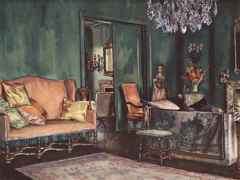 Decoración interior: Salón con paredes verdes (litografía en color) de William Bruce Ellis Ranken