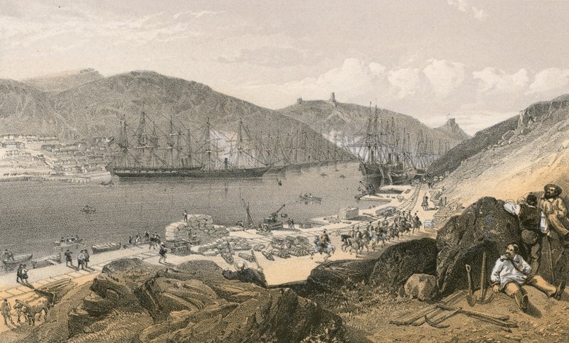 Balaklava mostrando el estado de los muelles y los barcos, en mayo de 1855 de William Crimea Simpson
