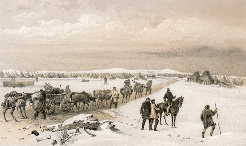 El campamento de la 1ª División, mirando al norte hacia el campamento de la 2ª División, las Alturas de Inkermann en la distancia de William Crimea Simpson