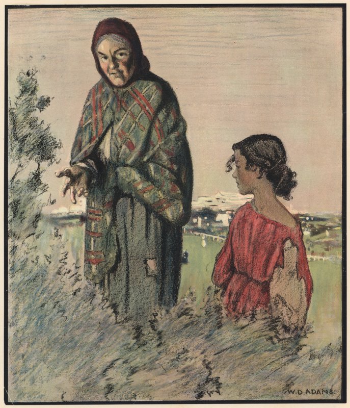El gitano, "Diga su fortuna, bonito caballero" (litografía en color) de William Dacres Adams