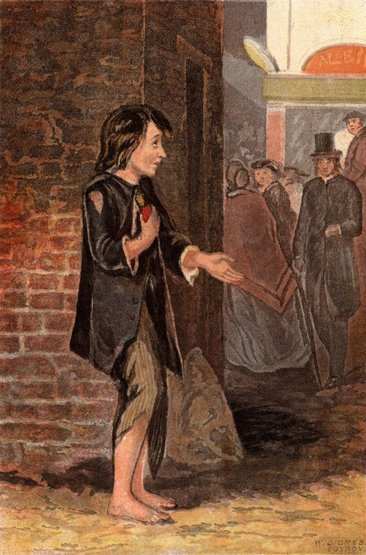 Una niña pidiendo dinero para comprar pan (chromolitho) de William Dickes