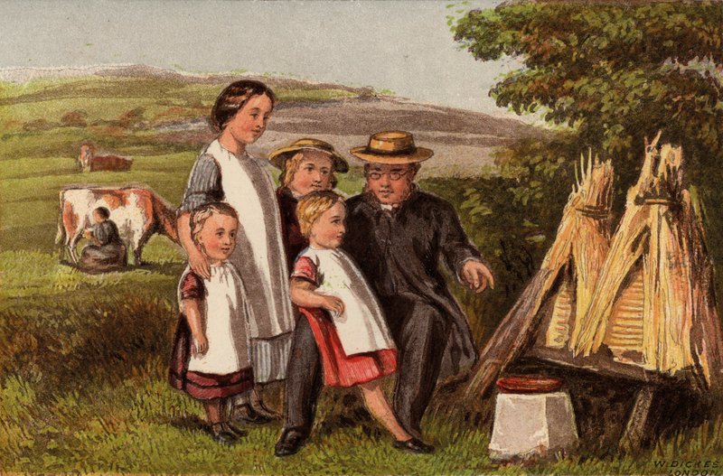 Industria: familia en el campo con colmenas (chromolitho) de William Dickes