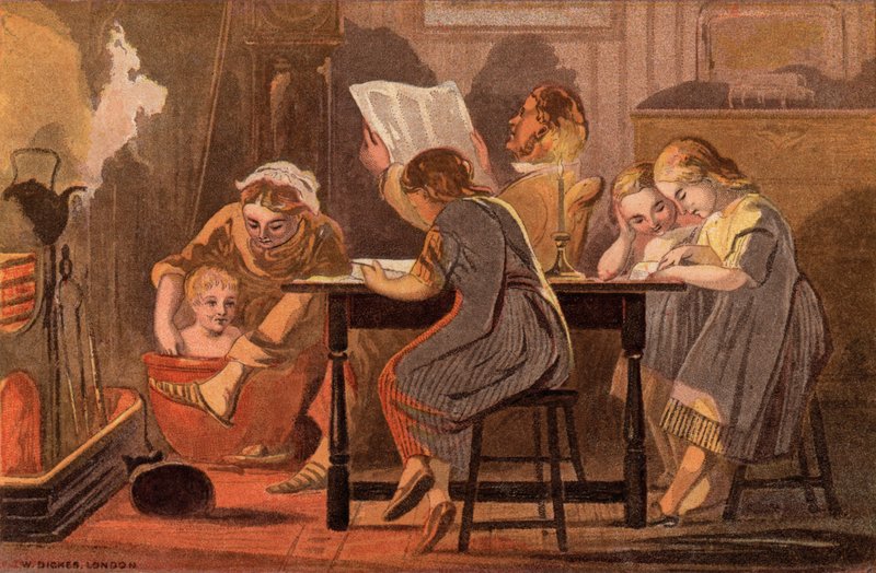 Sábado por la noche: una familia leyendo y entreteniéndose por la noche (chromolitho) de William Dickes