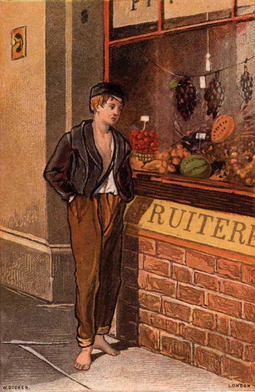 Tentación: pobre joven mirando un escaparate de frutas tropicales (chromolitho) de William Dickes