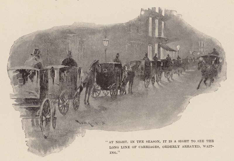"Por la noche, en la estación, es un espectáculo ver la larga fila de carruajes, ordenadamente dispuestos, esperando" (grabado) de William Douglas Almond