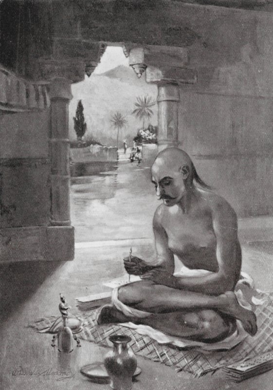 Kalidasa escribiendo "El mensajero de las nubes", 375 d.C. (litografía) de William Douglas Almond