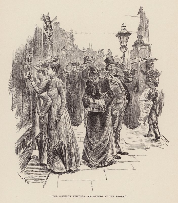 "Los visitantes del campo se quedan boquiabiertos ante las tiendas" (grabado) de William Douglas Almond