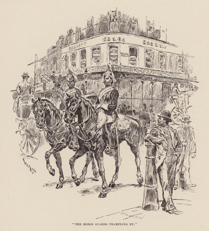"Los guardias a caballo pisoteando" (grabado) de William Douglas Almond