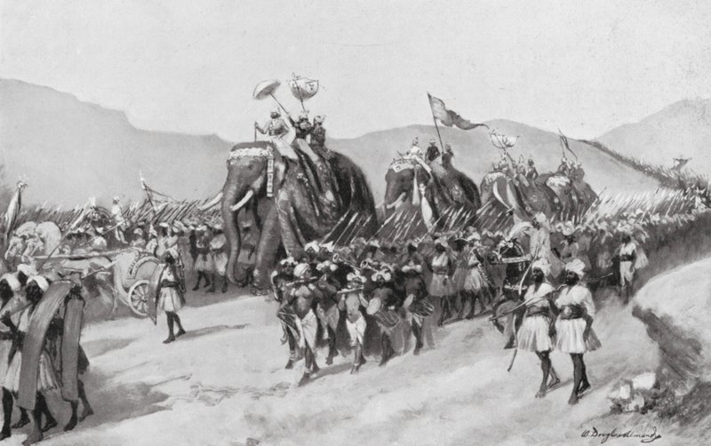 Vikramaditya Gupta va a la guerra, 395 d.C. (litografía) de William Douglas Almond